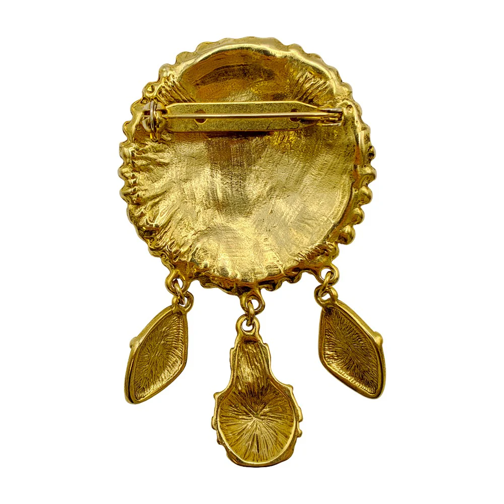 1980's Gold Tone Faux Amber Cabochon Dangle Brooch - Image 3