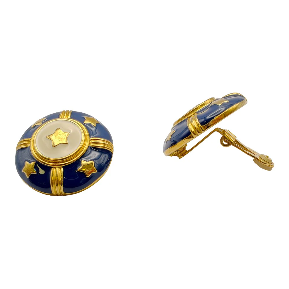 1980's Gold Tone Navy & Cream Enamel Star Earrings - Image 2