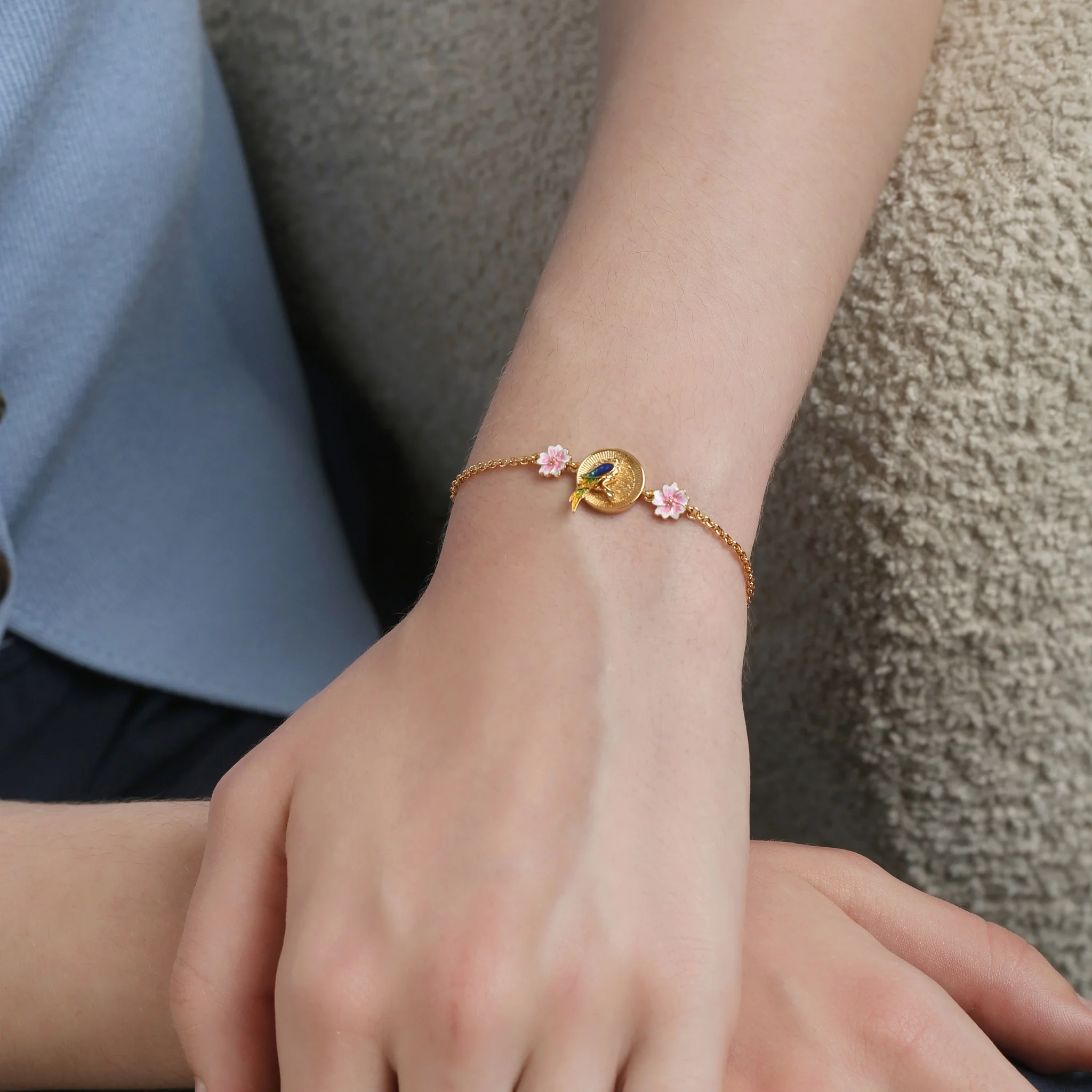 Gold Plated Bird with Pink Flower Bracelet - Image 4