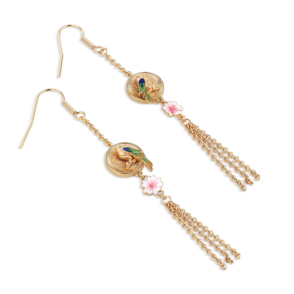 Gold Plated Bird with Pink Flower Earrings - Image 3