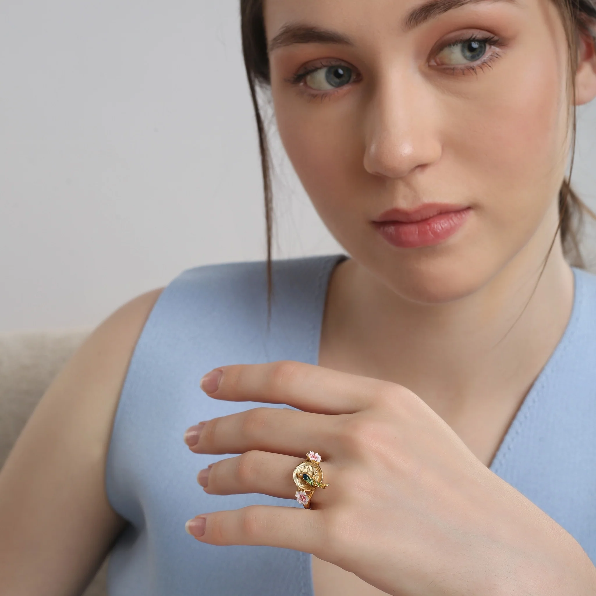 Gold Plated Bird with Pink Flower Ring - Image 4
