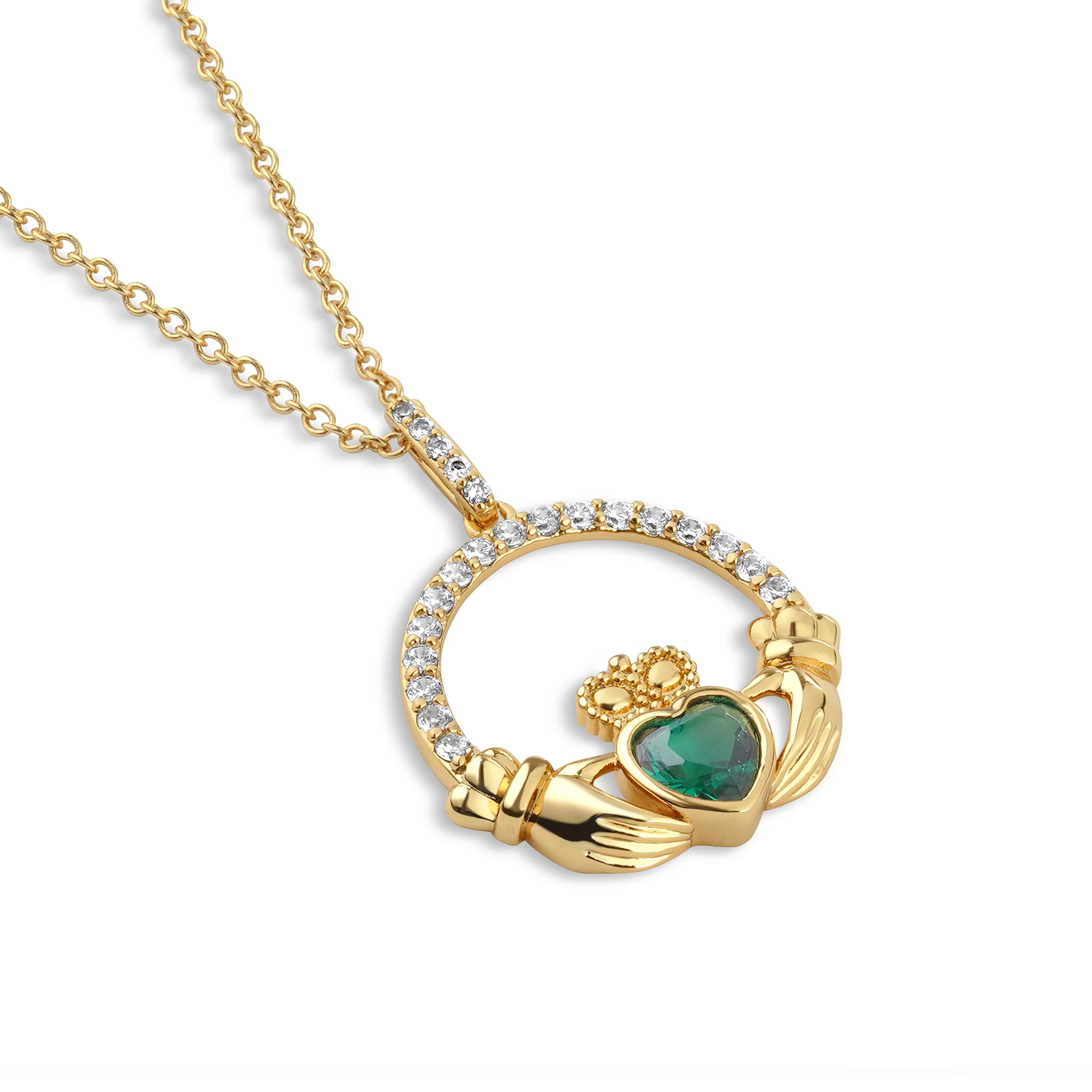 Gold Plated Emerald Green Claddagh Pendant - Image 2