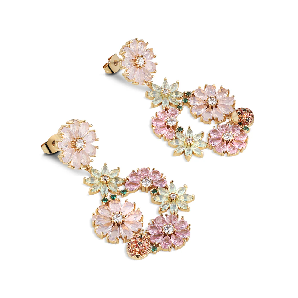 Gold Plated Pink & Green Floral Drop Earrings - Image 3