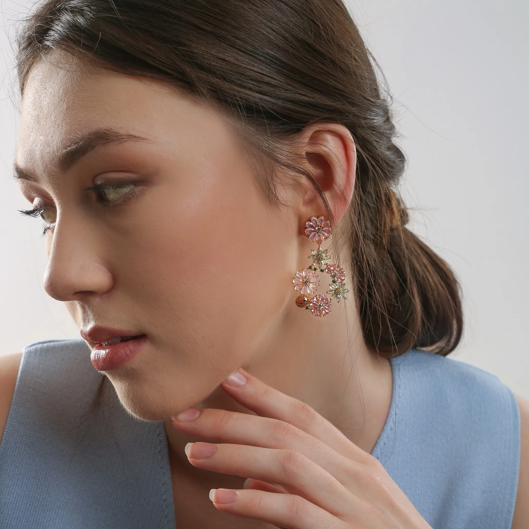Gold Plated Pink & Green Floral Drop Earrings - Image 4