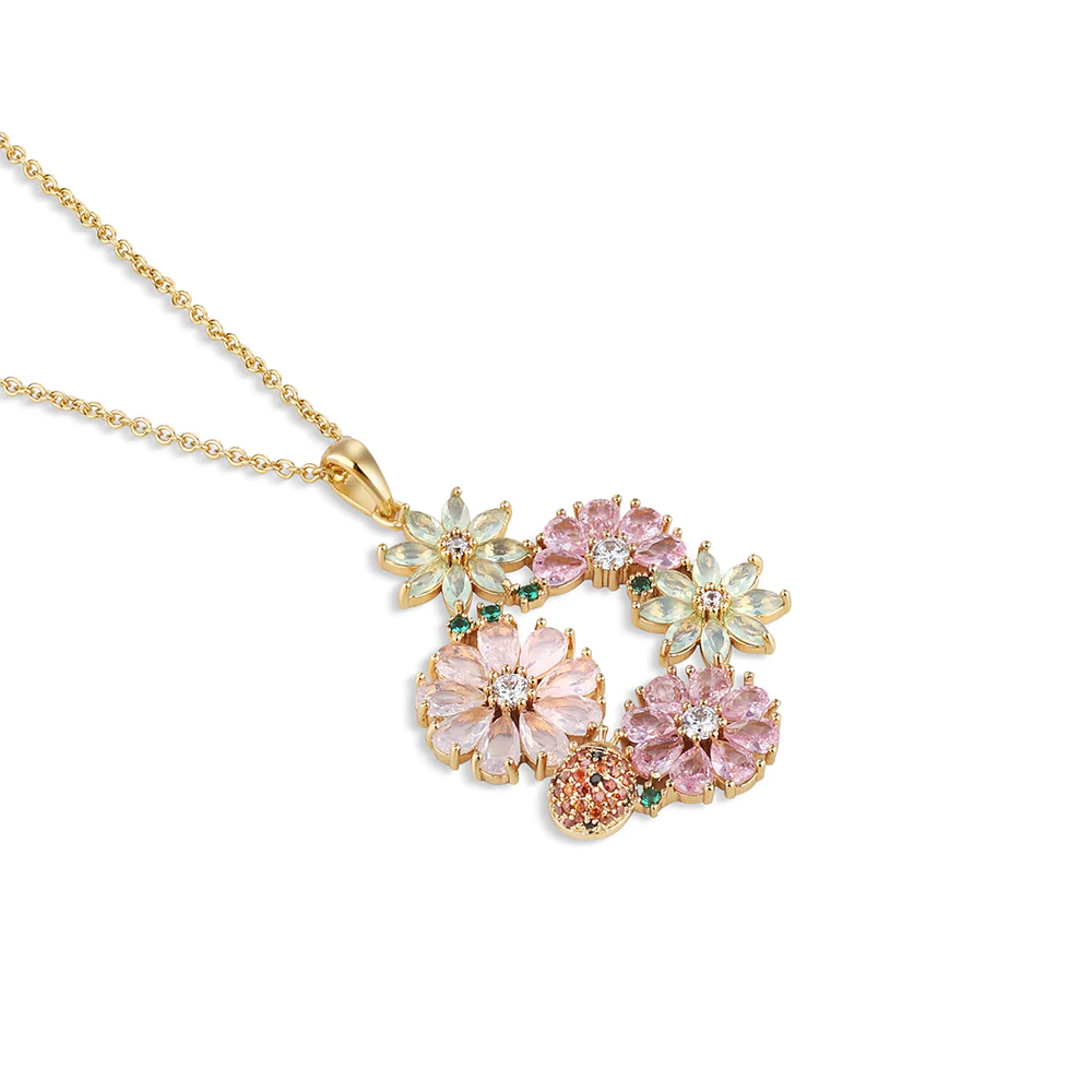Gold Plated Pink & Green Floral Pendant - Image 3