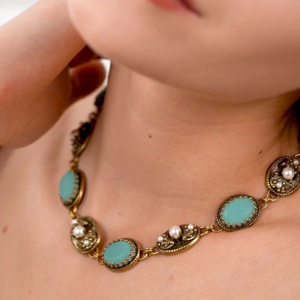 Necklace with Aqua & Pearl Stone Settings - Image 4
