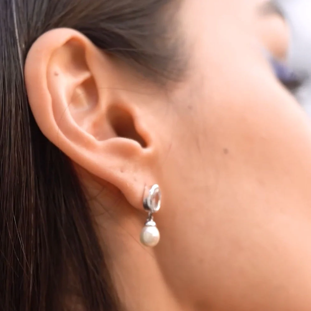Pearl Drop Earrings with Clear Stones - Image 2