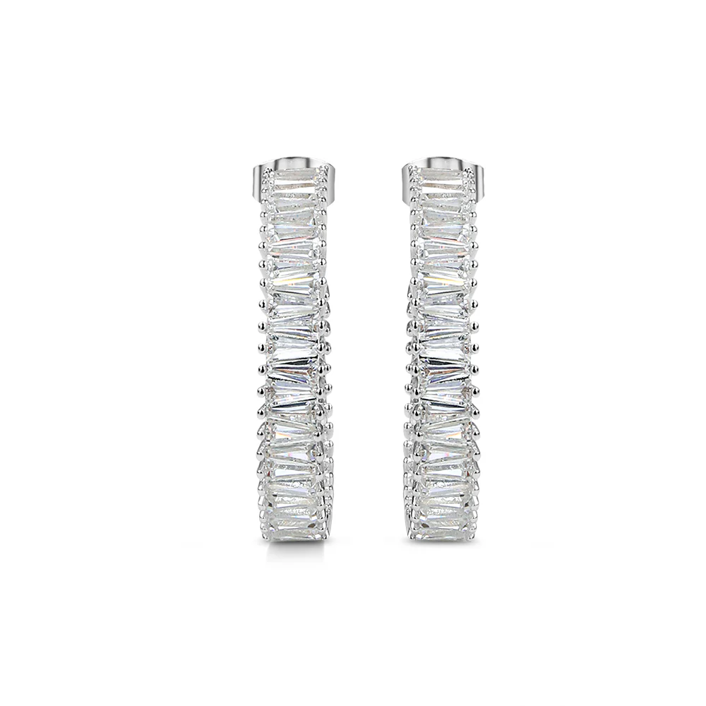 Silver Plated Baguette CZ Hoop Earrings - Image 3