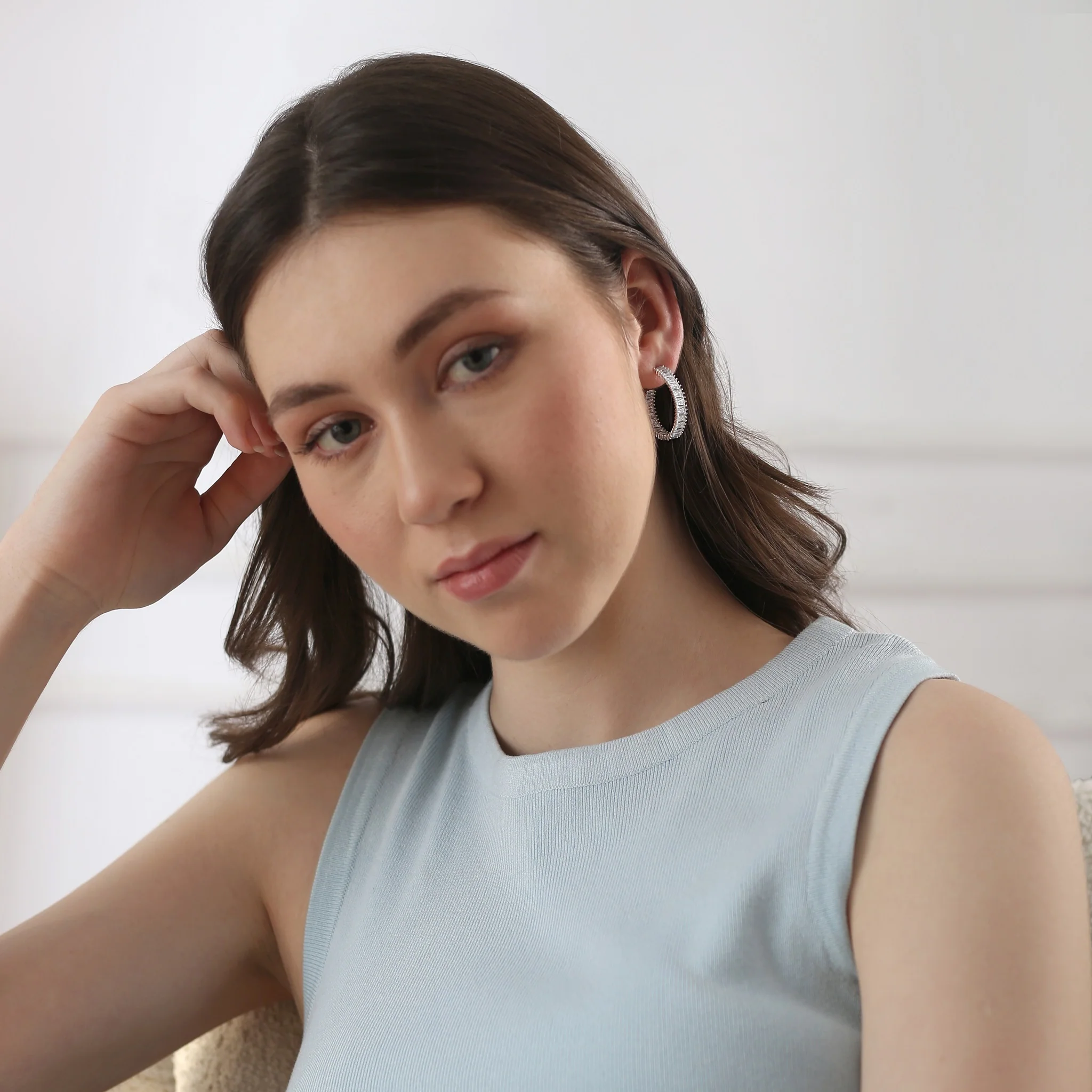 Silver Plated Baguette CZ Hoop Earrings - Image 4