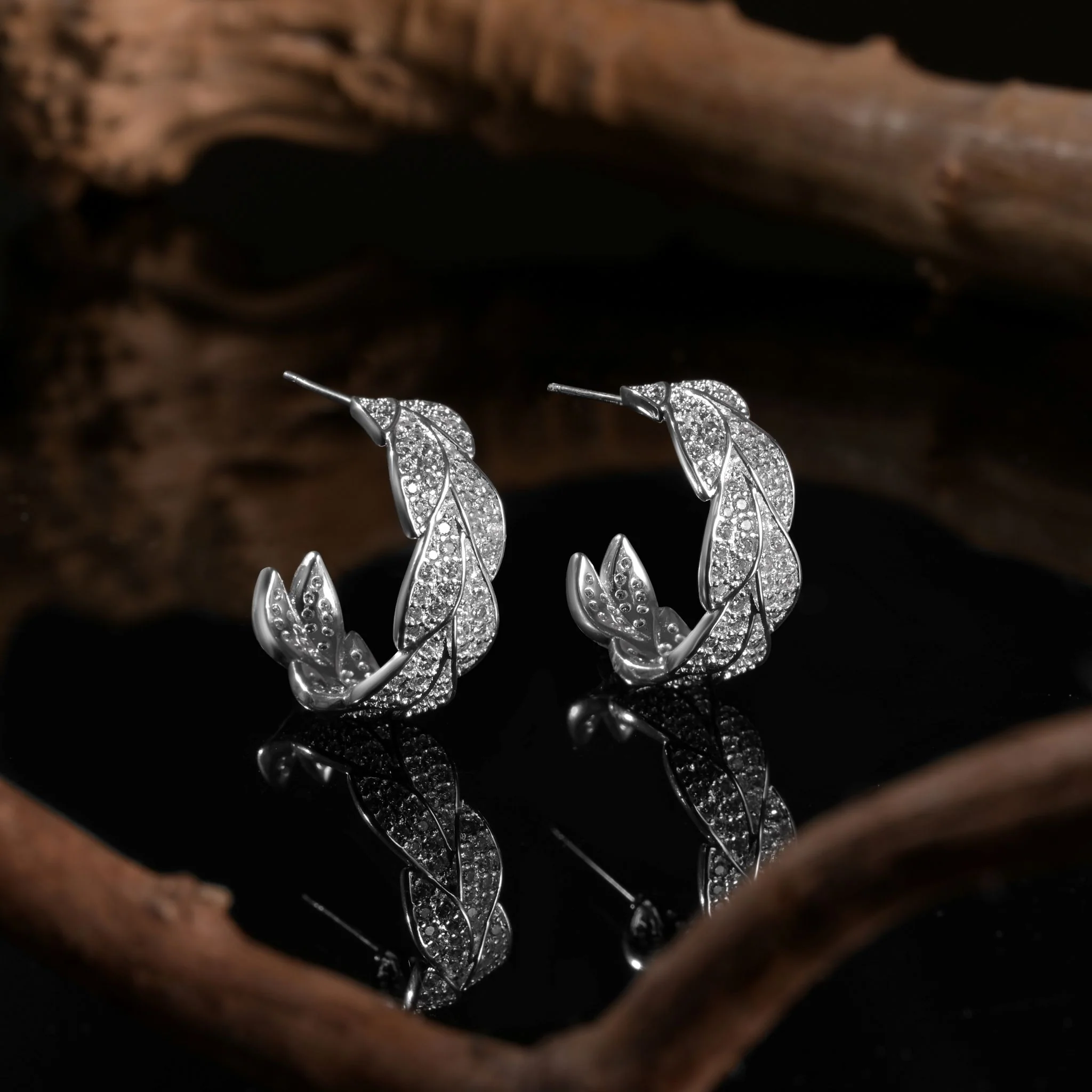 Silver Plated Demi Hoop Leaf Earrings - Image 2