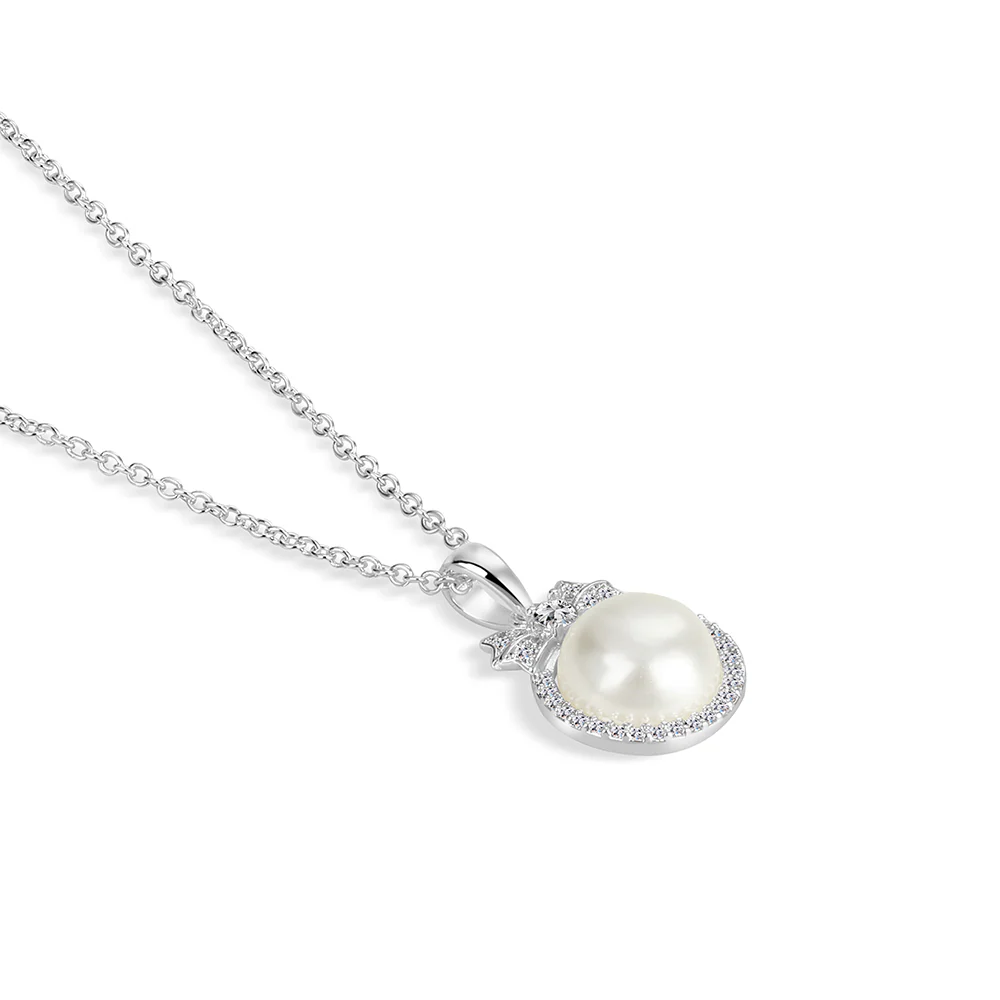 Silver Plated Pearl Pendant with Clear Stones - Image 3